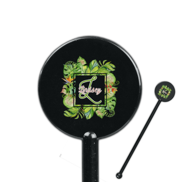 Custom Tropical Leaves Border 5.5" Round Plastic Stir Sticks - Black - Double Sided (Personalized)