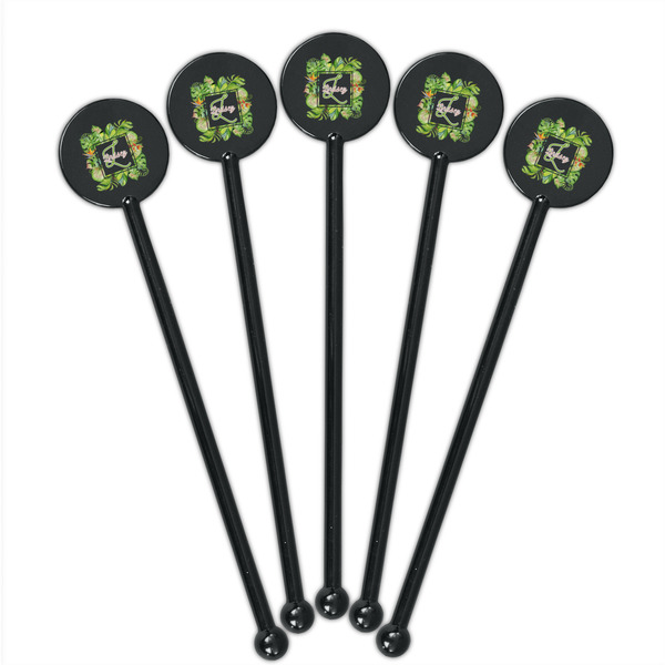 Tropical Leaves Border Black Plastic 5.5" Stir Stick - Round - Fan View