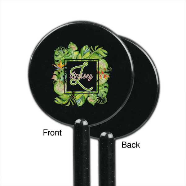 Tropical Leaves Border Black Plastic 5.5" Stir Stick - Single Sided - Round - Front & Back