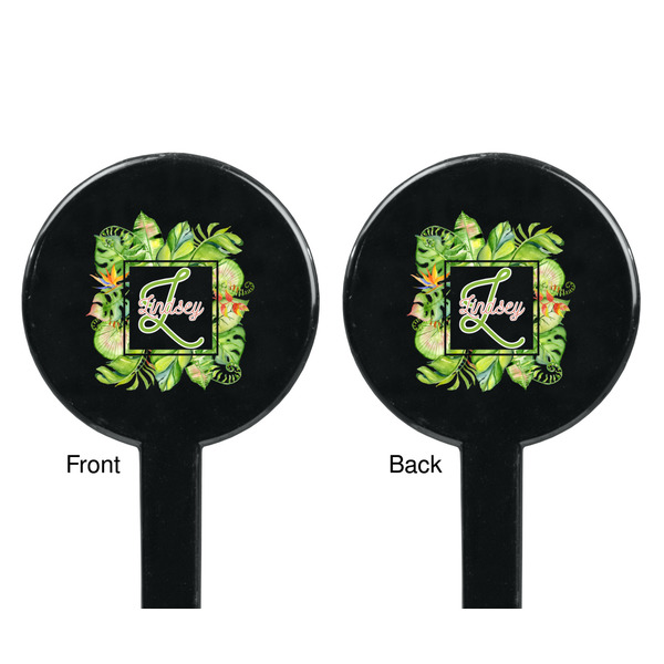Tropical Leaves Border Black Plastic 7" Stir Stick - Double Sided - Round - Front & Back