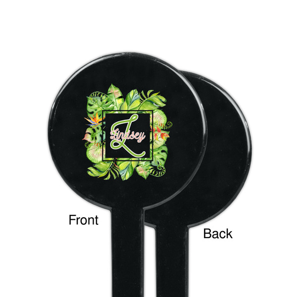 Tropical Leaves Border Black Plastic 7" Stir Stick - Single Sided - Round - Front & Back