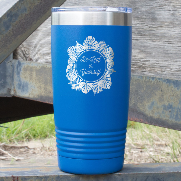 Custom Tropical Leaves Border 20 oz Stainless Steel Tumbler - Royal Blue - Single Sided (Personalized)