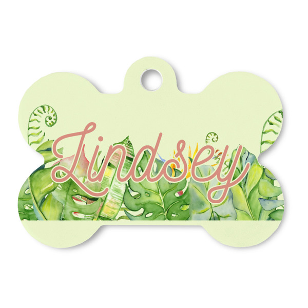 Custom Tropical Leaves Border Bone Shaped Dog ID Tag (Personalized)