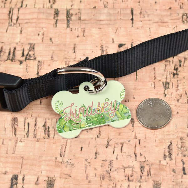 Tropical Leaves Border Bone Shaped Dog ID Tag - Large - In Context