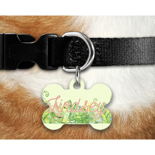 Tropical Leaves Border Bone Shaped Dog Tag on Collar & Dog