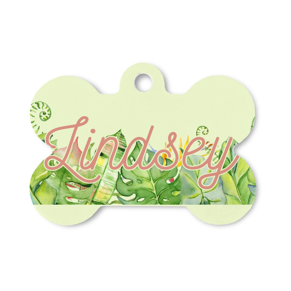Custom Tropical Leaves Border Bone Shaped Dog ID Tag - Small (Personalized)