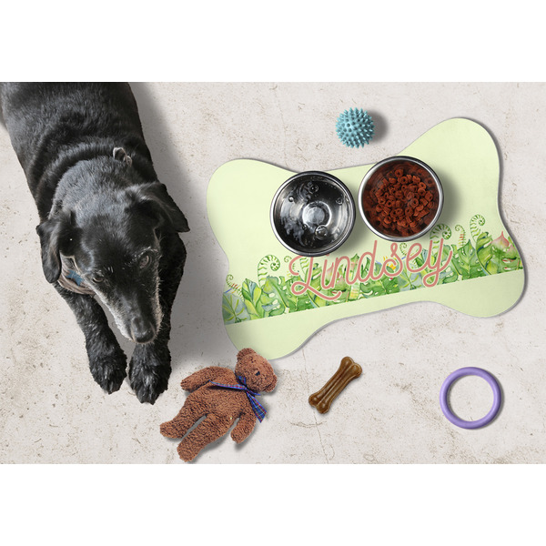 Tropical Leaves Border Bone Shaped Mat w/ Food & Water