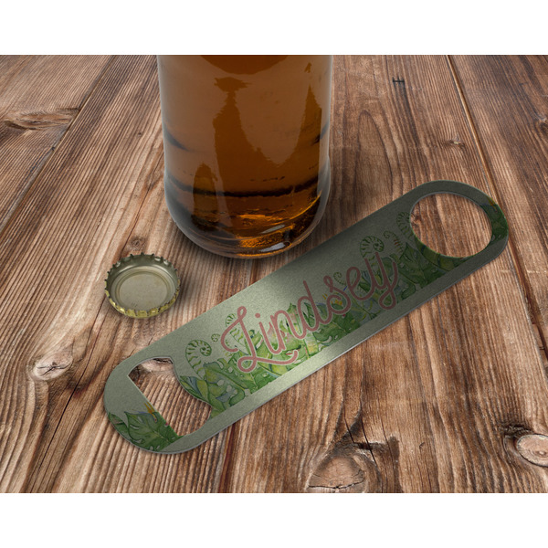 Tropical Leaves Border Bottle Opener - In Use