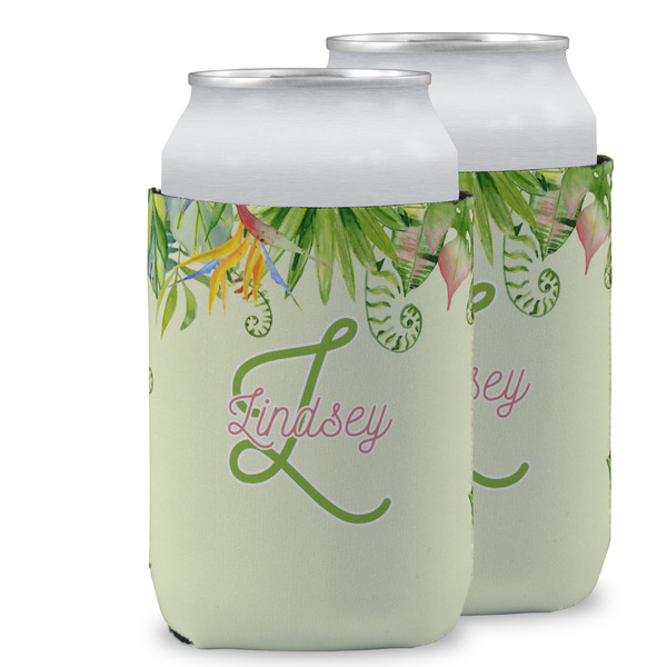 Custom Tropical Leaves Border Can Cooler (12 oz) w/ Name and Initial