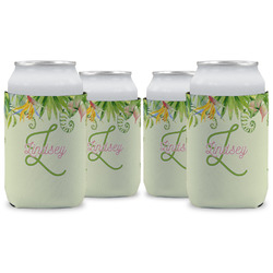 Tropical Leaves Border Can Cooler (12 oz) - Set of 4 w/ Name and Initial
