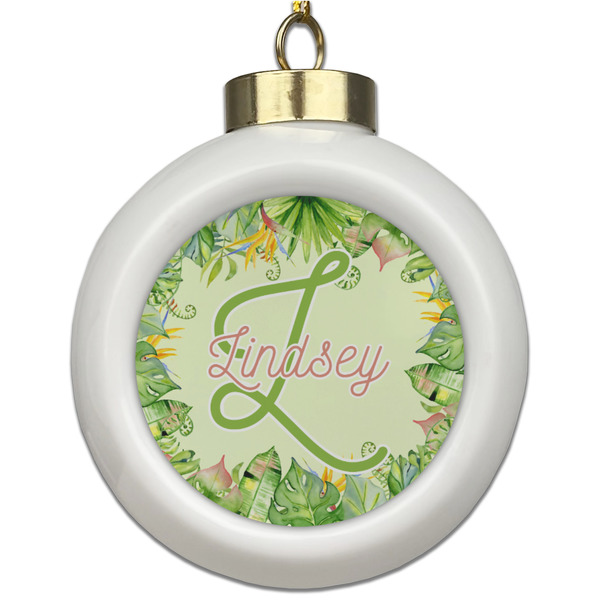 Custom Tropical Leaves Border Ceramic Ball Ornament (Personalized)