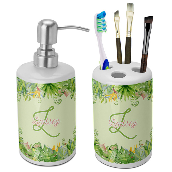 Custom Tropical Leaves Border Ceramic Bathroom Accessories Set (Personalized)
