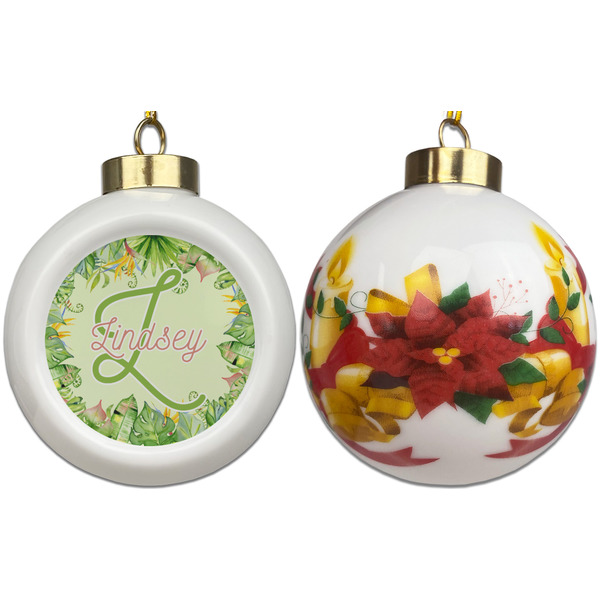 Tropical Leaves Border Ceramic Christmas Ornament - Poinsettias (APPROVAL)