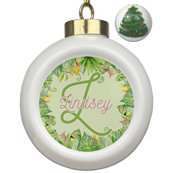 Custom Tropical Leaves Border Ceramic Ball Ornament - Christmas Tree (Personalized)