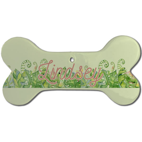 Custom Tropical Leaves Border Ceramic Dog Ornament - Front w/ Name and Initial