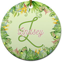 Tropical Leaves Border Round Ceramic Ornament w/ Name and Initial