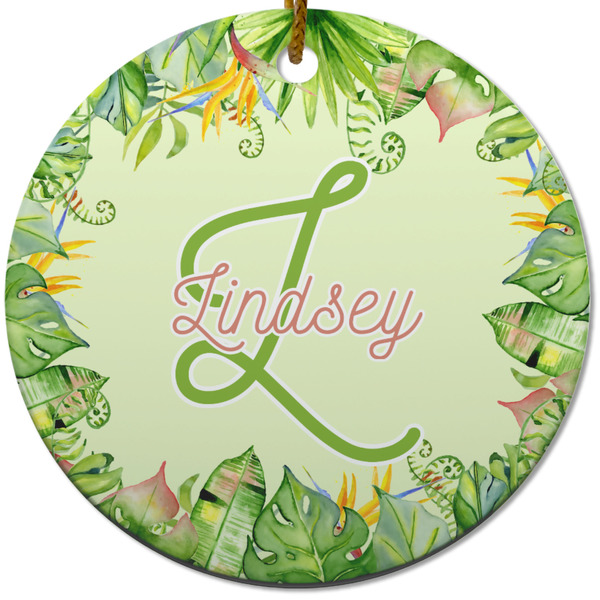 Custom Tropical Leaves Border Round Ceramic Ornament w/ Name and Initial