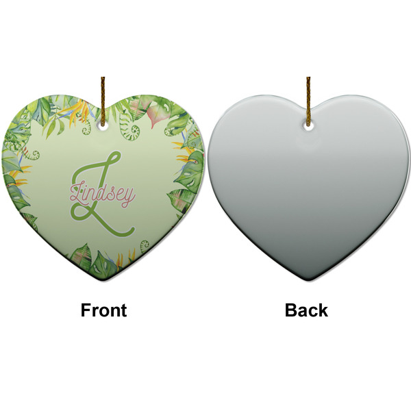 Tropical Leaves Border Ceramic Flat Ornament - Heart Front & Back (APPROVAL)