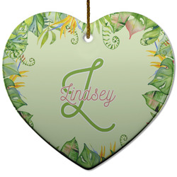 Tropical Leaves Border Heart Ceramic Ornament w/ Name and Initial