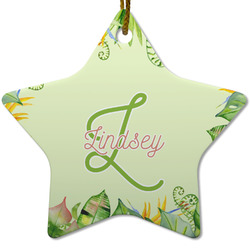 Tropical Leaves Border Star Ceramic Ornament w/ Name and Initial