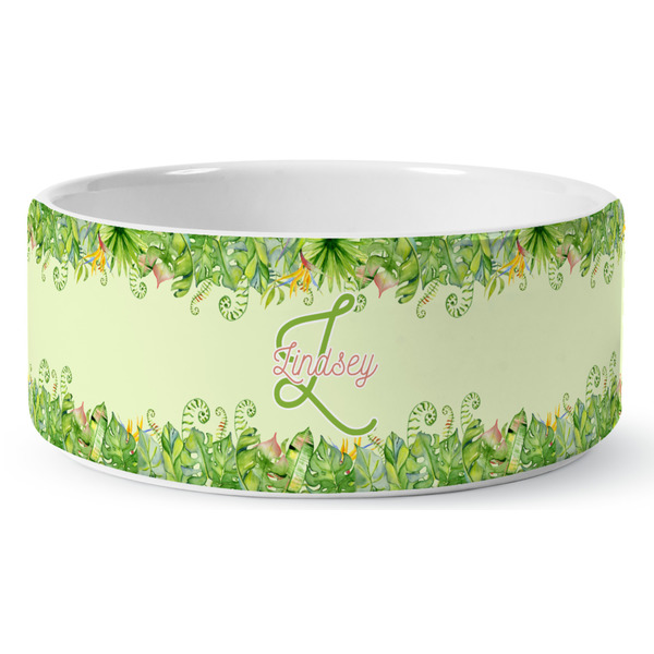 Custom Tropical Leaves Border Ceramic Dog Bowl - Large (Personalized)