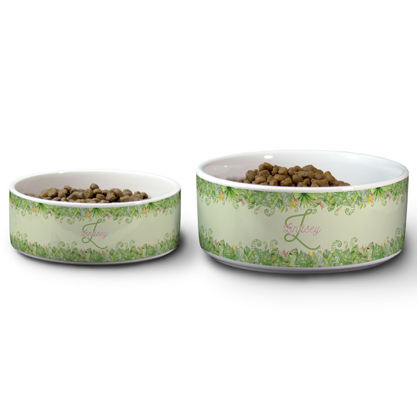 Tropical Leaves Border Ceramic Dog Bowls - Size Comparison