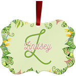 Tropical Leaves Border Metal Frame Ornament - Double Sided w/ Name and Initial