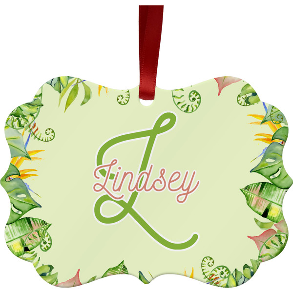 Custom Tropical Leaves Border Metal Frame Ornament - Double Sided w/ Name and Initial