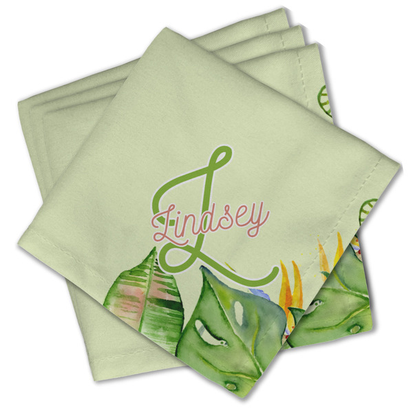 Custom Tropical Leaves Border Cloth Cocktail Napkins - Set of 4 w/ Name and Initial