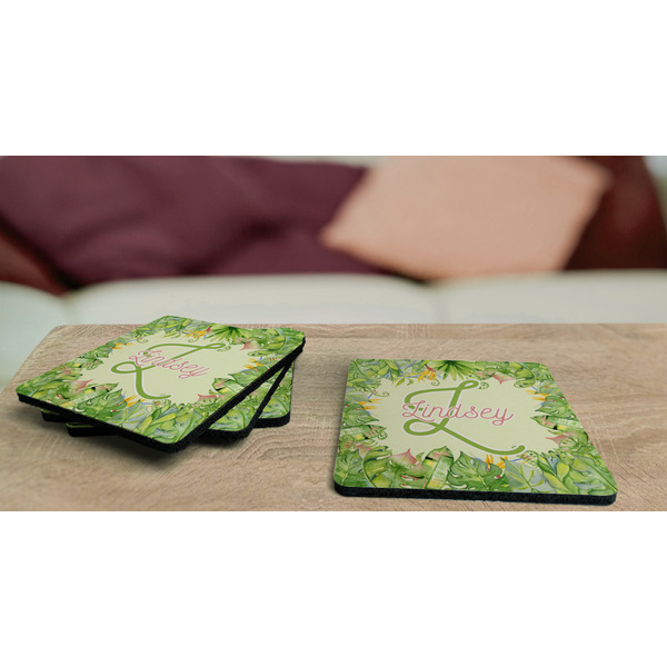 Tropical Leaves Border Coaster Rubber Back - On Coffee Table