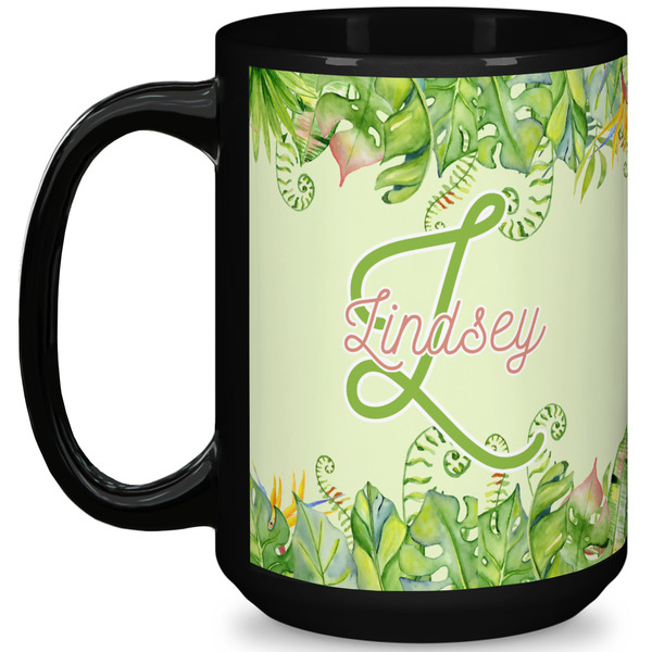 Custom Tropical Leaves Border 15 Oz Coffee Mug - Black (Personalized)