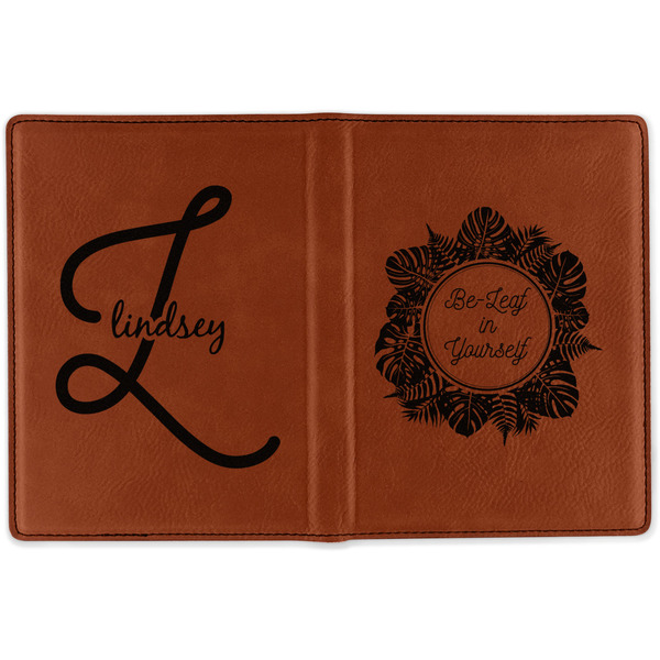 Tropical Leaves Border Cognac Leather Passport Holder Outside Double Sided - Apvl