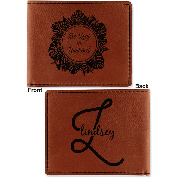 Tropical Leaves Border Cognac Leatherette Bifold Wallets - Front and Back