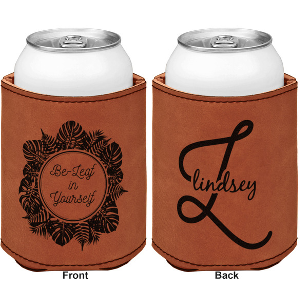 Tropical Leaves Border Cognac Leatherette Can Sleeve - Double Sided Front and Back
