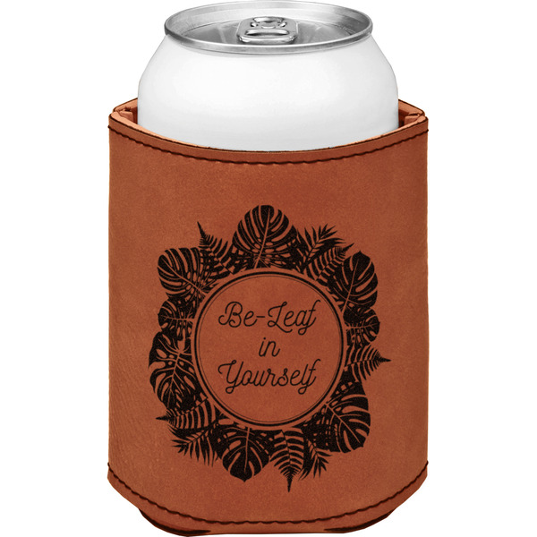 Tropical Leaves Border Cognac Leatherette Can Sleeve - Single Front