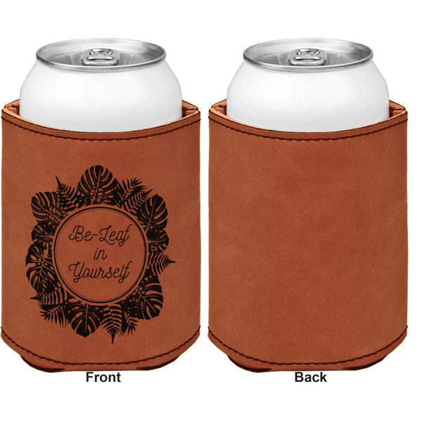 Tropical Leaves Border Cognac Leatherette Can Sleeve - Single Sided Front and Back