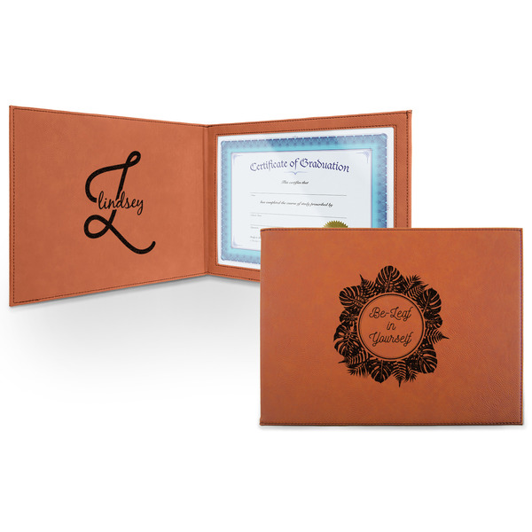 Custom Tropical Leaves Border Leatherette Certificate Holder - Front and Inside (Personalized)