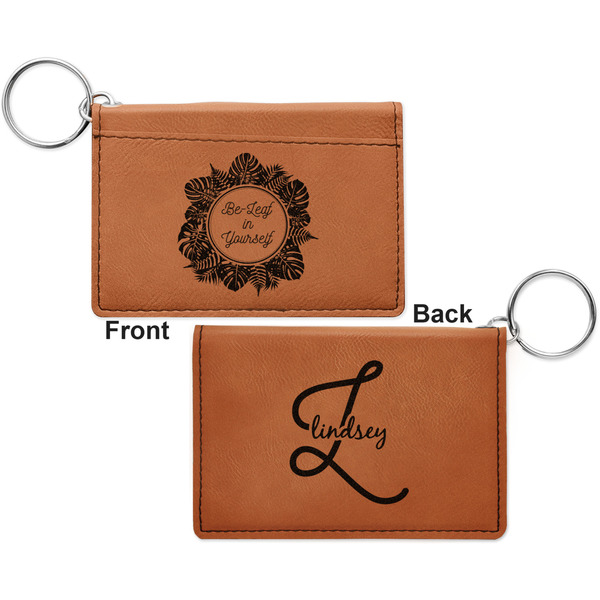 Tropical Leaves Border Cognac Leatherette Keychain ID Holders - Front and Back Apvl