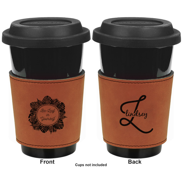 Tropical Leaves Border Cognac Leatherette Mug Sleeve - Double Sided Apvl