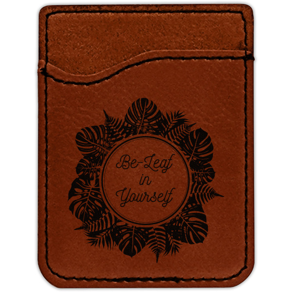 Tropical Leaves Border Cognac Leatherette Phone Wallet close up