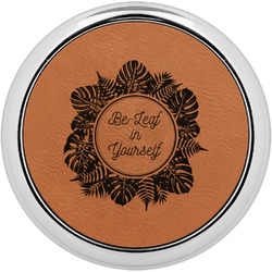 Tropical Leaves Border Leatherette Round Coaster w/ Silver Edge (Personalized)