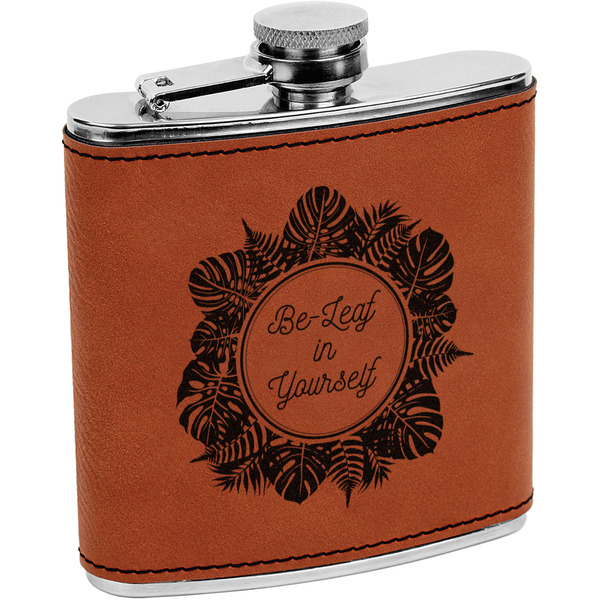 Custom Tropical Leaves Border Leatherette Wrapped Stainless Steel Flask (Personalized)