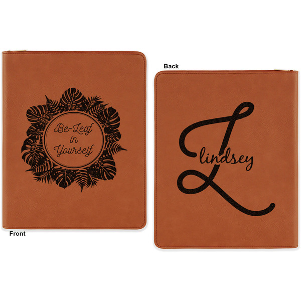 Tropical Leaves Border Cognac Leatherette Zipper Portfolios with Notepad - Double Sided - Apvl