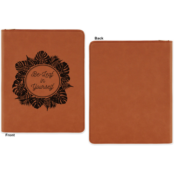 Tropical Leaves Border Cognac Leatherette Zipper Portfolios with Notepad - Single Sided - Apvl