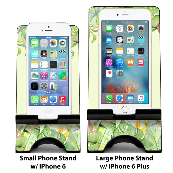 Tropical Leaves Border Compare Phone Stand Sizes - with iPhones