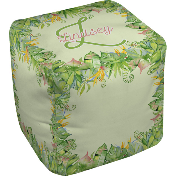 Custom Tropical Leaves Border Cube Pouf Ottoman (Personalized)