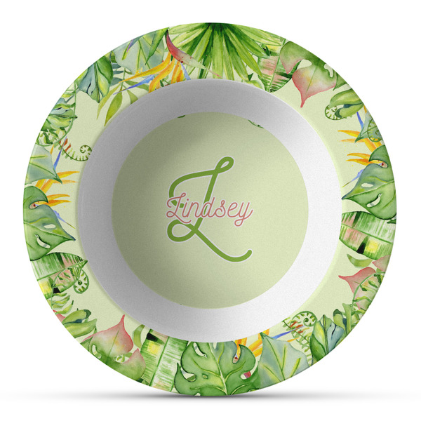 Custom Tropical Leaves Border Plastic Bowl - Microwave Safe - Composite Polymer (Personalized)