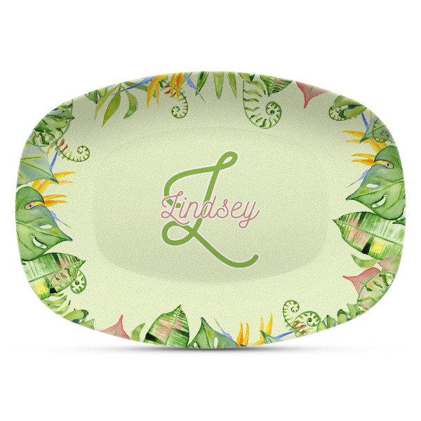 Custom Tropical Leaves Border Plastic Platter - Microwave & Oven Safe Composite Polymer (Personalized)