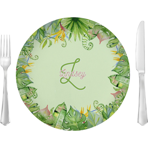 Custom Tropical Leaves Border 10" Glass Lunch / Dinner Plates - Single or Set (Personalized)