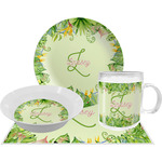 Tropical Leaves Border Dinner Set - Single 4 Pc Setting w/ Name and Initial